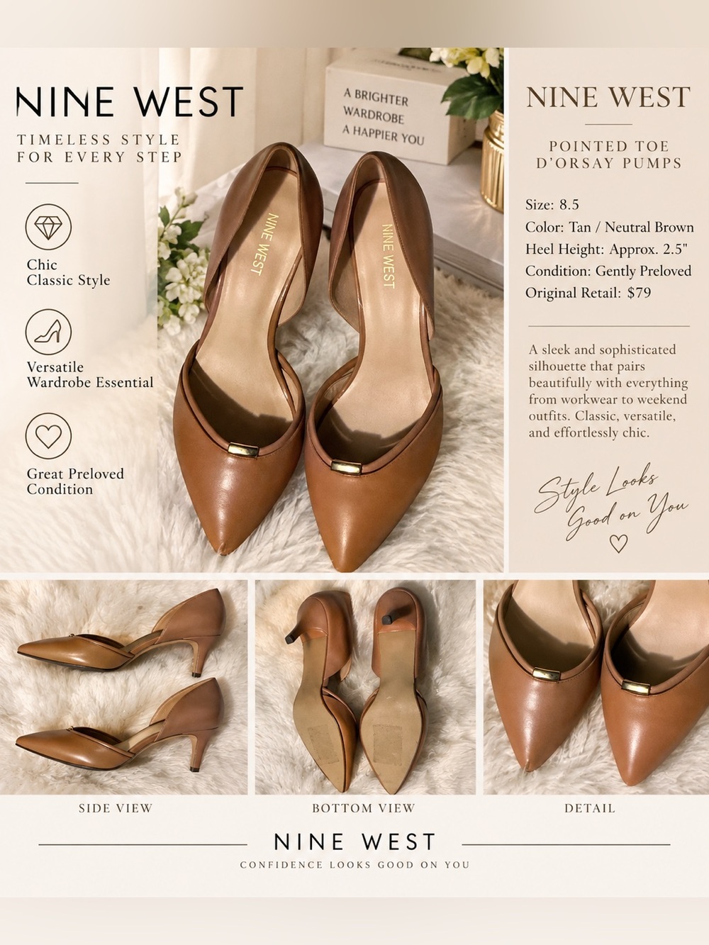 Nine West Tan Leather Pointed-Toe D'Orsay Pumps